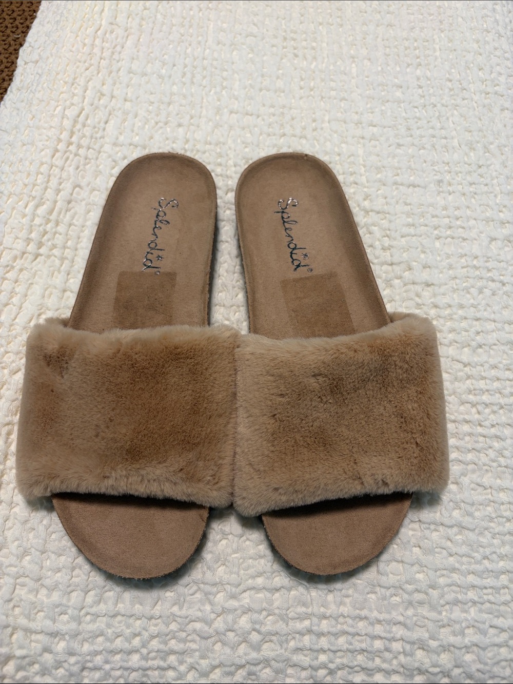 NWOT - Splendid Faux Fur Slide Sandals in Taupe